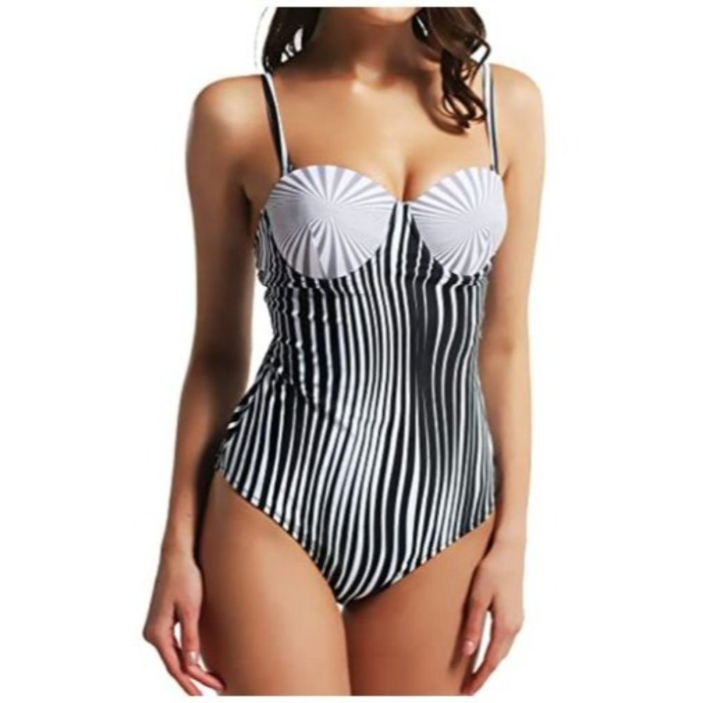 Snailify Womens Push Up One Piece Swimsuit Plunge Bathing Suit Striped Monokini